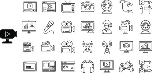 Fototapeta premium Media and Communication Icon Set with Video, Audio, and Streaming Symbols for Technology and Entertainment Websites
