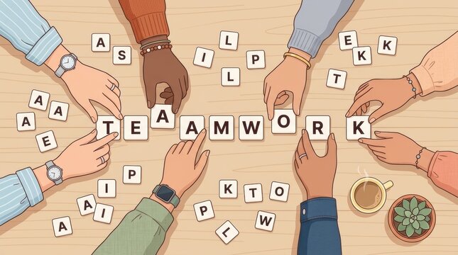 Illustration of hands forming teamwork scrabble letters
