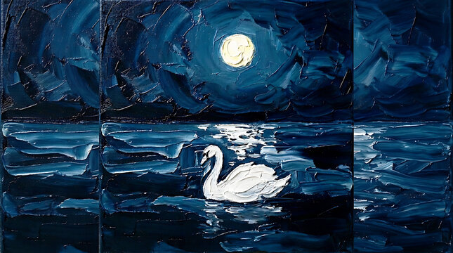 Solitary White Swan on Dark Moonlit Lake &mdash; Minimalist Palette Knife Oil Painting