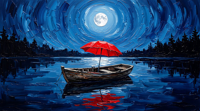 Solitary Red Umbrella on Glassy Midnight Lake &mdash; Minimalist Oil Painting
