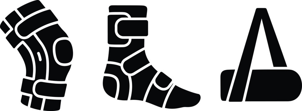 Orthopedic support icon set with knee brace ankle brace and arm sling isolated on white background black silhouette healthcare collection