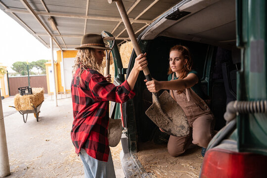 Farm worker passing a shovel while unloading hay in van