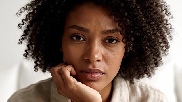 Closeup of concerned black woman with curly hair touching her face