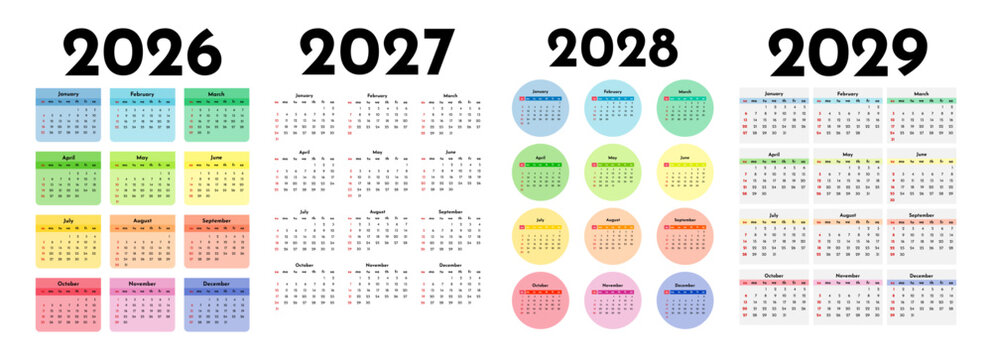 Set of calendars for 2026, 2027, 2028 and 2029 on a white background