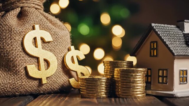 Sack of money with dollar signs next to a miniature house and stacked coins