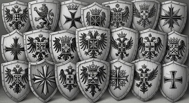 Collection of historical shields with heraldic symbols and emblems.