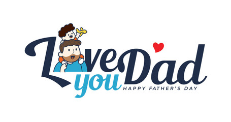 Fototapeta premium Happy Father’s Day greeting card. Father and child love. Vector illustration with father and kids in cute cartoon character style for banner, poster, illustration.