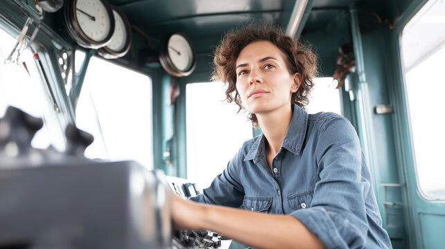Female train operator in control cabin guiding through path, focusing on journey, career, and future in public transport