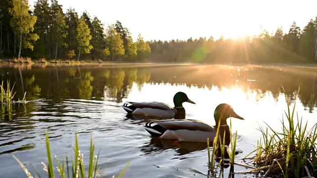 Two male mallard ducks swimming serenely on a tranquil lake at sunrise with forest background and sun reflecting in water.