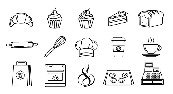 Collection of Bakery and Cooking Icons Hand Drawn Style.
