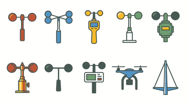 Set of 10 Cup Anemometers Vector Illustrations, Clean Flat Design for Wind Speed and Meteorological Instruments