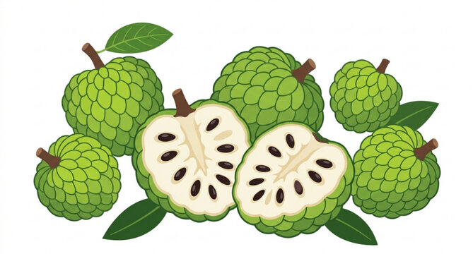Ripe custard apple and cherimoya exotic fruit vector illustration isolated on white background