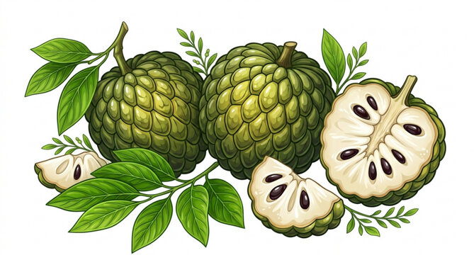 Premium tropical sugar apple and cherimoya fruit vector illustration isolated on white background
