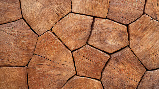 Close-up of wooden logs arranged in a mosaic pattern, highlighting natural grain, texture, and organic shapes with warm brown tones.