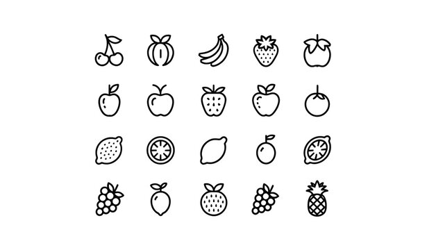 Collection of line icons representing fresh fruits with strawberry pineapple raspberry blueberry cranberry