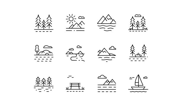 Nature landscape icons - pine forests mountains lakes sun sailing boat with pine tree line art landscape