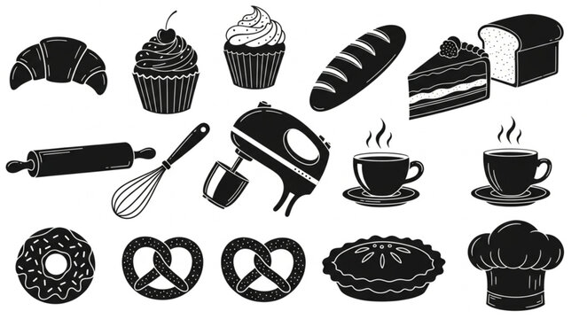 Collection of baked goods and baking tools in silhouette style.