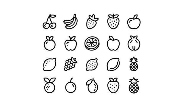 Assorted line icons of various fruits with strawberry pineapple raspberry blueberry cranberry nectarine