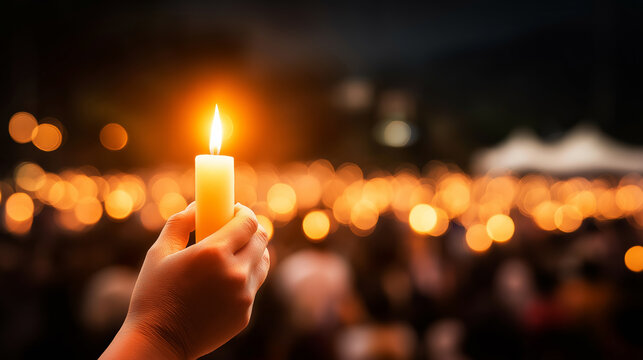 Hand holding a lit candle with a warm flame, illuminating fingers during an evening vigil with a blurred crowd in the background