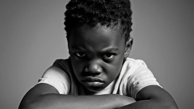 Black and white portrait of a young boy with curly hair, arms crossed, and a frustrated expression looking directly at the camera