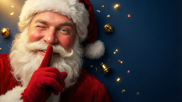Homme d&eacute;guis&eacute; en P&egrave;re No&euml;l faisant un clin d&oelig;il avec le doigt sur les l&egrave;vres devant d&eacute;corations de No&euml;l