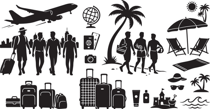 Travel icons, vacation symbols, tourism signs, black silhouette graphics, 25 travel-related vector graphics