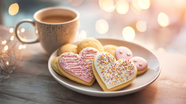 Decorated heart cookies on a plate with tea, offering a sweet moment of love and comfort with warm festive lights