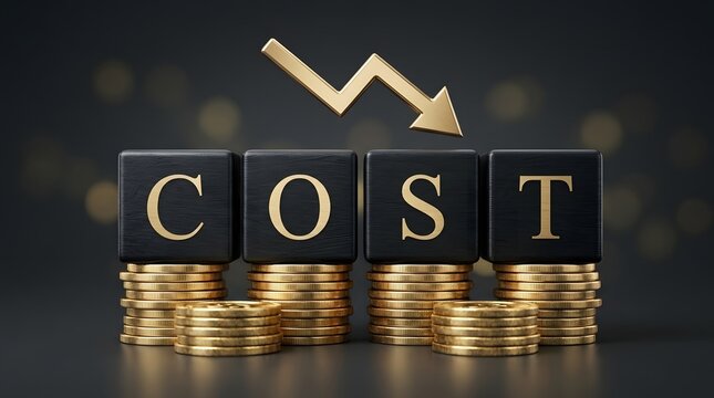 Cost spelled with black blocks and gold coins downward arrow symbol high quality