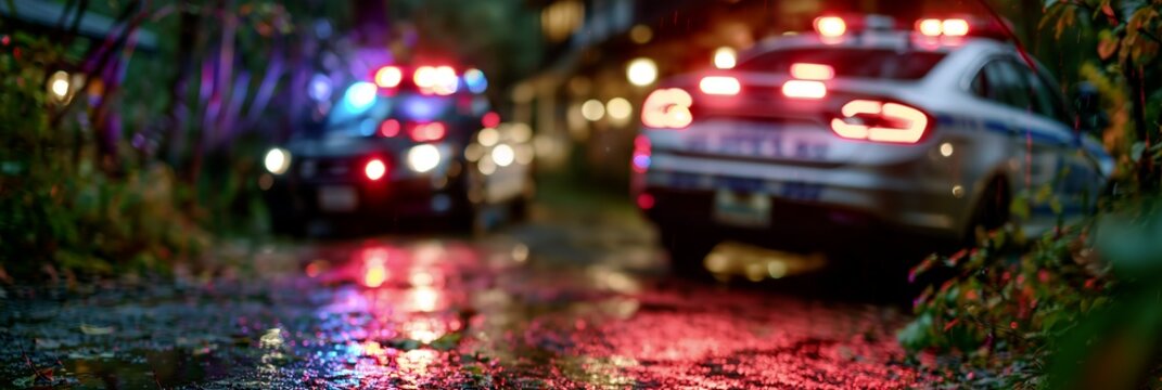 Police cars illuminated by red and blue emergency lights on wet pavement in a dark nighttime scene