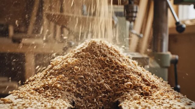 Close up view of wood shavings falling onto a pile in a woodworking workshop creating a natural texture