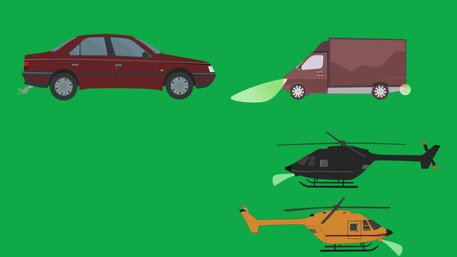 Driving car, truck, van, and helicopter assets over a green screen chroma key background with  loop cycle illustration animation.These loopable motion graphics are excellently crafted for video