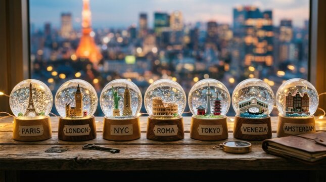 Collection of seven souvenir snow globes featuring landmarks from Paris, London, NYC, Rome, Tokyo, Venice, and Amsterdam on a wood ledge with a blurred night city background.