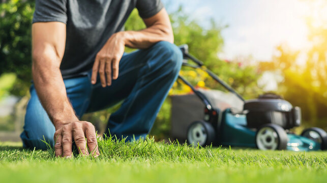 Man kneeling on fresh green lawn touching grass, checking quality and health, blurred lawnmower background