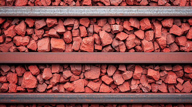 Close-up of red crushed stones held between parallel steel rails, resembling a railway track bed.