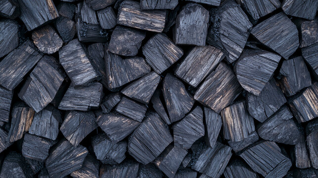 A close-up image of stacked black charcoal pieces with textured and cracked surfaces.