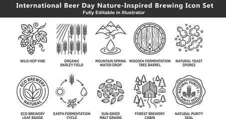 International Beer Day vector icons set, nature brewing elements, wild hops, organic barley, eco brewery symbols, natural fermentation line design © ArtFlex