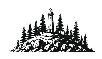 Obraz premium Lighthouse on rocky cliff surrounded by evergreen trees black and white graphic silhouette high quality professional detailed modern elegant stylish clean crisp vibrant colorful