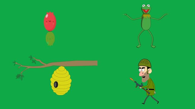 Floating fruit, amphibian, beehive, and soldier assets 2d cartoon animated character on green screen chroma key background with  loop cycle illustration animation.Discover these unique isolated