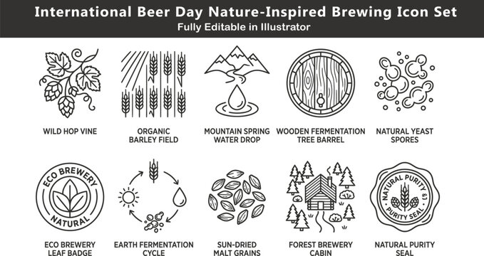 International Beer Day vector icons set, nature brewing elements, wild hops, organic barley, eco brewery symbols, natural fermentation line design