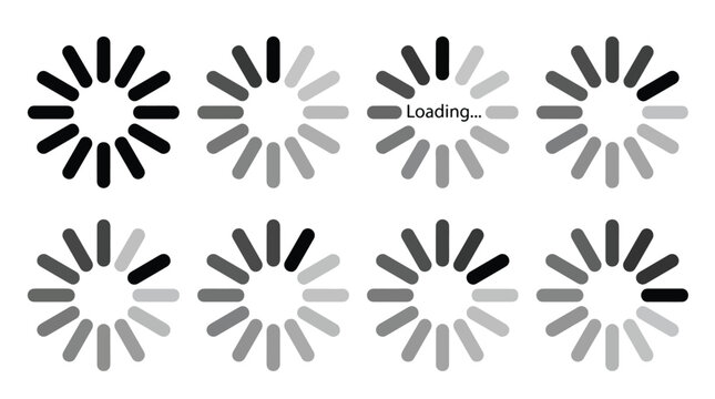 Loading and buffering progress indicator icon set. Web and app UI element collection with circular wait symbols, status bars and process graphics in flat style.