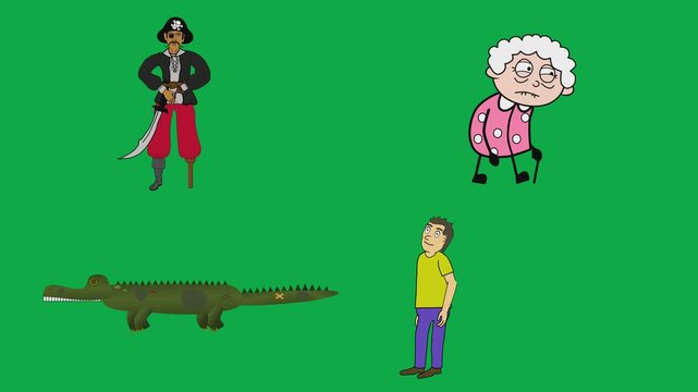 Dynamic jumping, cane, crocodile, and walking loops 2d cartoon animated character on green screen chroma key background with  loop cycle illustration animation.Utilize these transparent animation