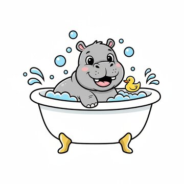 Cute cartoon hippo taking a bubble bath with a yellow rubber duck