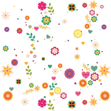 Colorful Mexican floral patterns and heart icons isolated on transparent background
