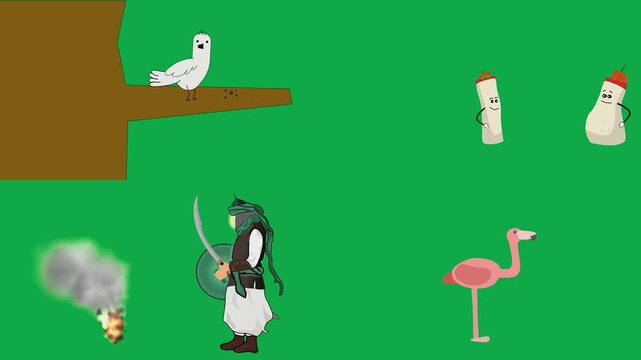 Elegant dove, shakers, swordsman, and flamingo designs 2d cartoon animated character on green screen chroma key background with  loop cycle illustration animation.Incorporate these isolated graphic