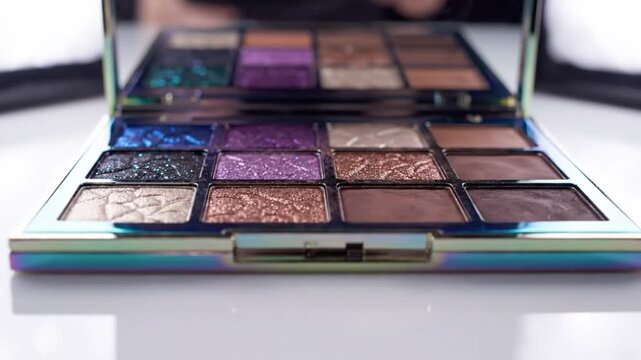 Open makeup eyeshadow palette with shimmering colorful shades on a glossy white surface