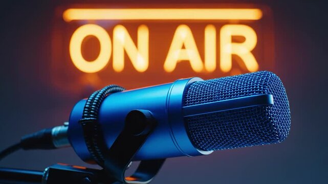 Blue studio microphone with glowing orange on air sign in background