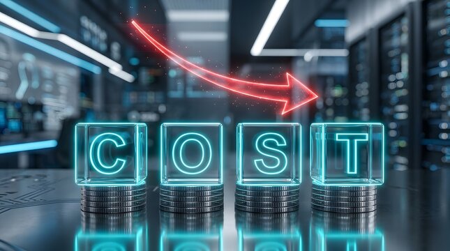 Cubes spelling cost with downward arrow futuristic 3d render with server room background