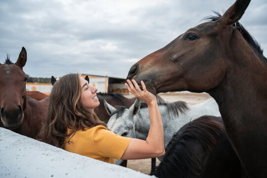 Young woman petting horse at stable fence outdoors