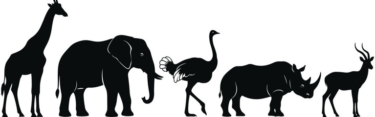 Fototapeta premium Set of black vector silhouettes featuring African safari wild animals including giraffe, elephant, ostrich, rhinoceros, and antelope for wildlife design.