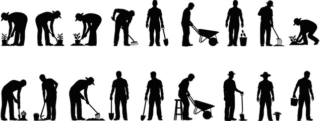 Silhouette set of farmers and gardeners working with tools like shovels and wheelbarrows, isolated on a white background for agriculture. © Delowara